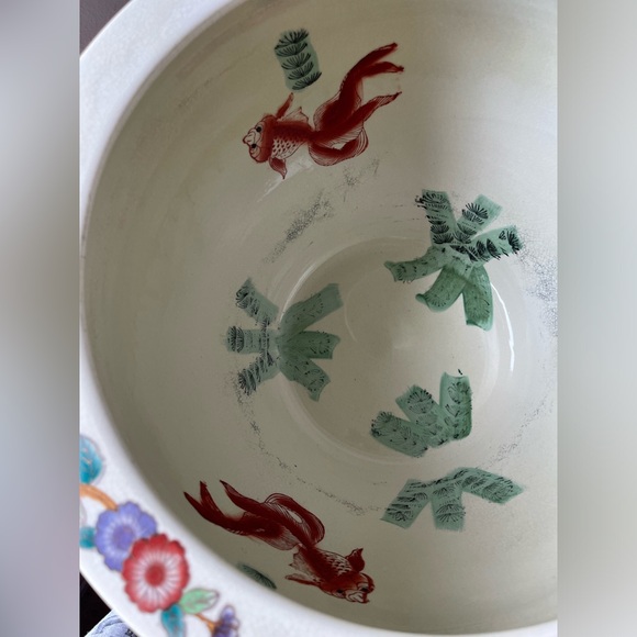 Vintage Chinoiserie Large Porcelain Koi Fish Planter Bowl Cachepot - Picture 9 of 12